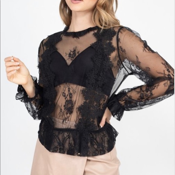 Black Sheer Mesh Floral Lace Sheer Long Sleeve Peplum Blouse - Picture 4 of 4